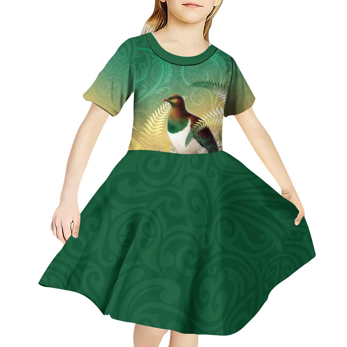 New Zealand Pigeon Kereru Kid Short Sleeve Dress Maori Fern Art Green Gradient - Polynesian Pride