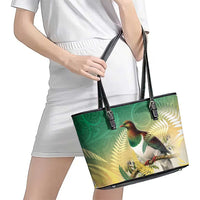 New Zealand Pigeon Kereru Leather Tote Bag Maori Fern Art Green Gradient - Polynesian Pride
