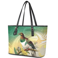 New Zealand Pigeon Kereru Leather Tote Bag Maori Fern Art Green Gradient - Polynesian Pride