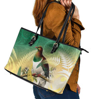 New Zealand Pigeon Kereru Leather Tote Bag Maori Fern Art Green Gradient - Polynesian Pride