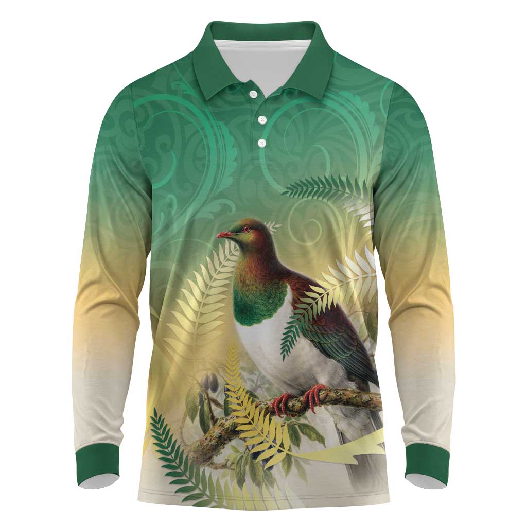 New Zealand Pigeon Kereru Long Sleeve Polo Shirt Maori Fern Art Green Gradient - Polynesian Pride