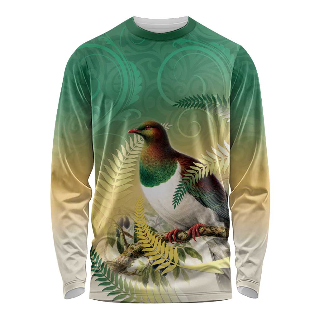 New Zealand Pigeon Kereru Long Sleeve Shirt Maori Fern Art Green Gradient - Polynesian Pride