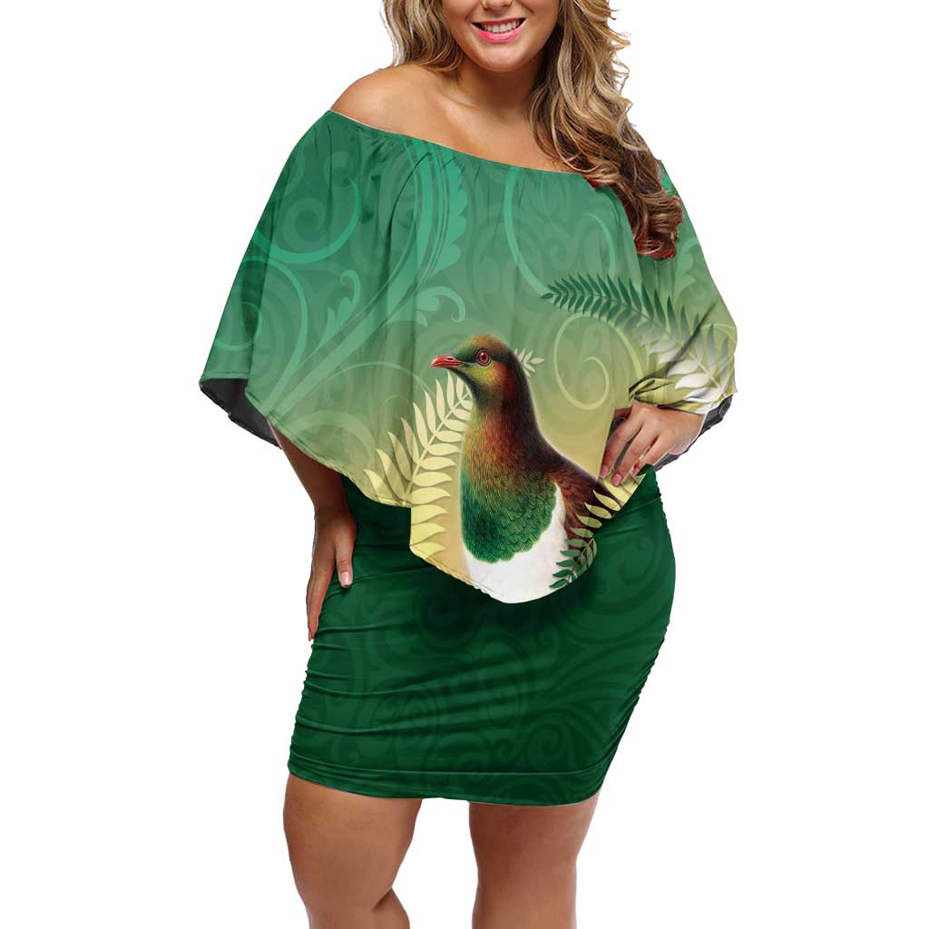 New Zealand Pigeon Kereru Off Shoulder Short Dress Maori Fern Art Green Gradient - Polynesian Pride