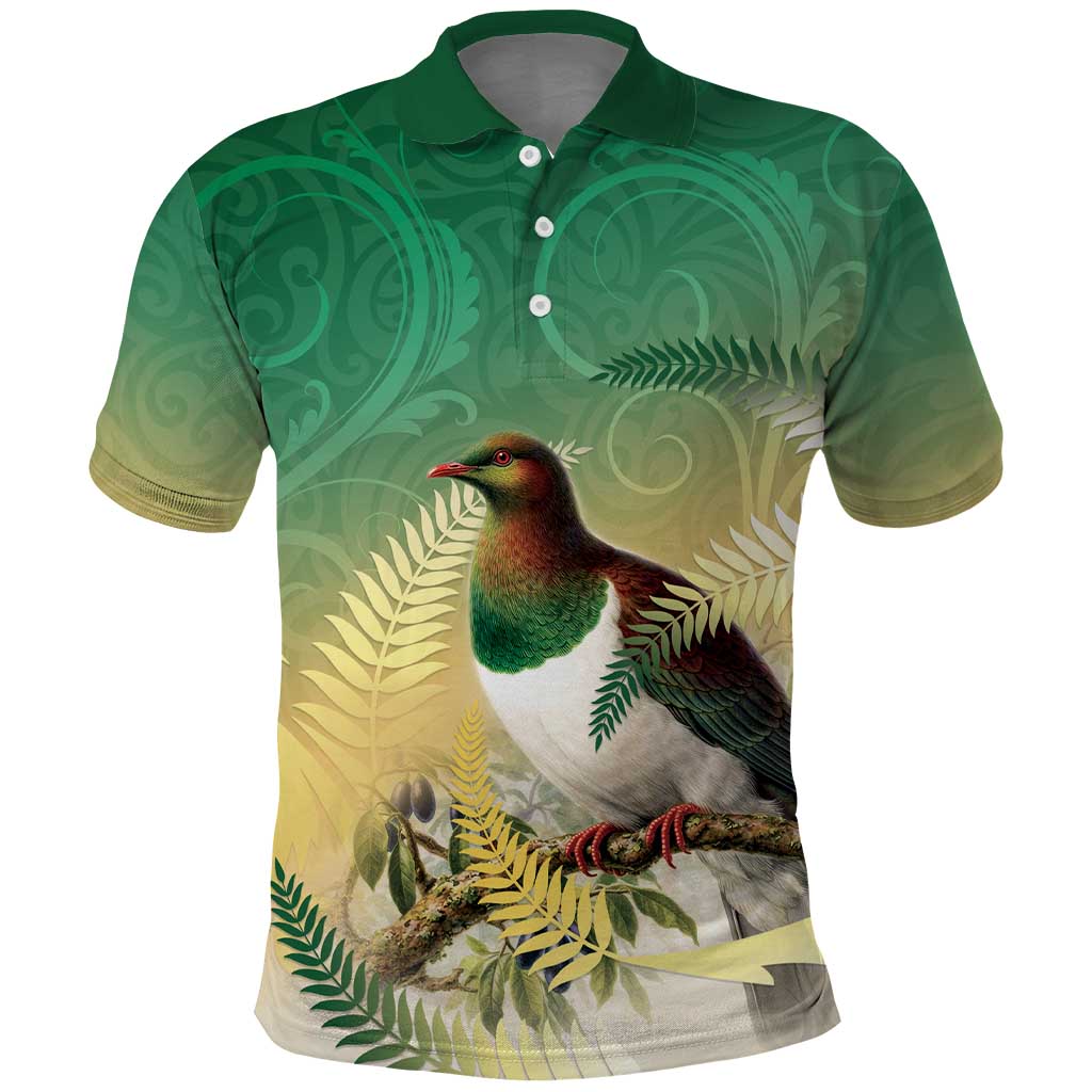 New Zealand Pigeon Kereru Polo Shirt Maori Fern Art Green Gradient - Polynesian Pride