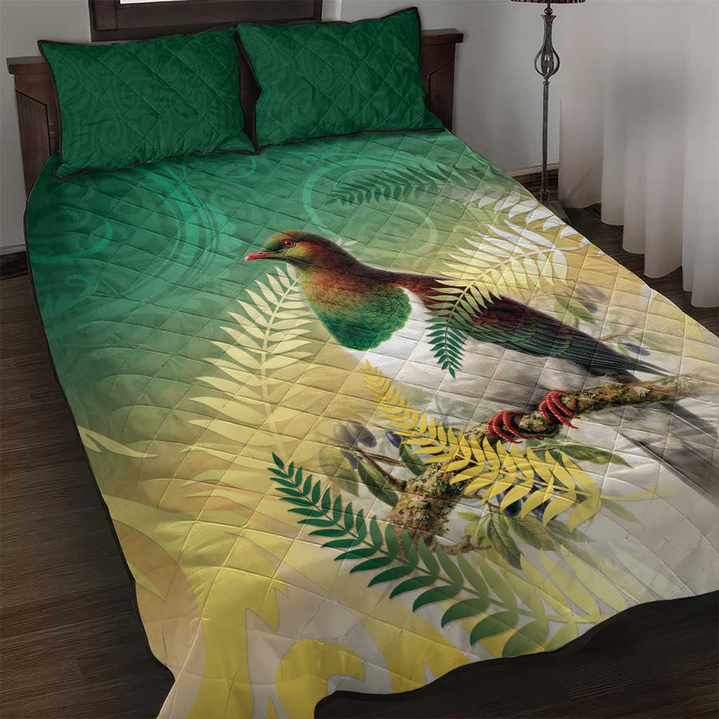 New Zealand Pigeon Kereru Quilt Bed Set Maori Fern Art Green Gradient - Polynesian Pride