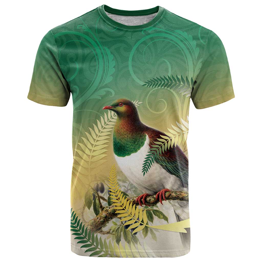 New Zealand Pigeon Kereru T Shirt Maori Fern Art Green Gradient - Polynesian Pride