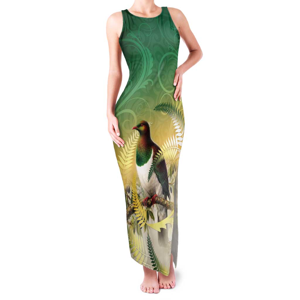 New Zealand Pigeon Kereru Tank Maxi Dress Maori Fern Art Green Gradient - Polynesian Pride