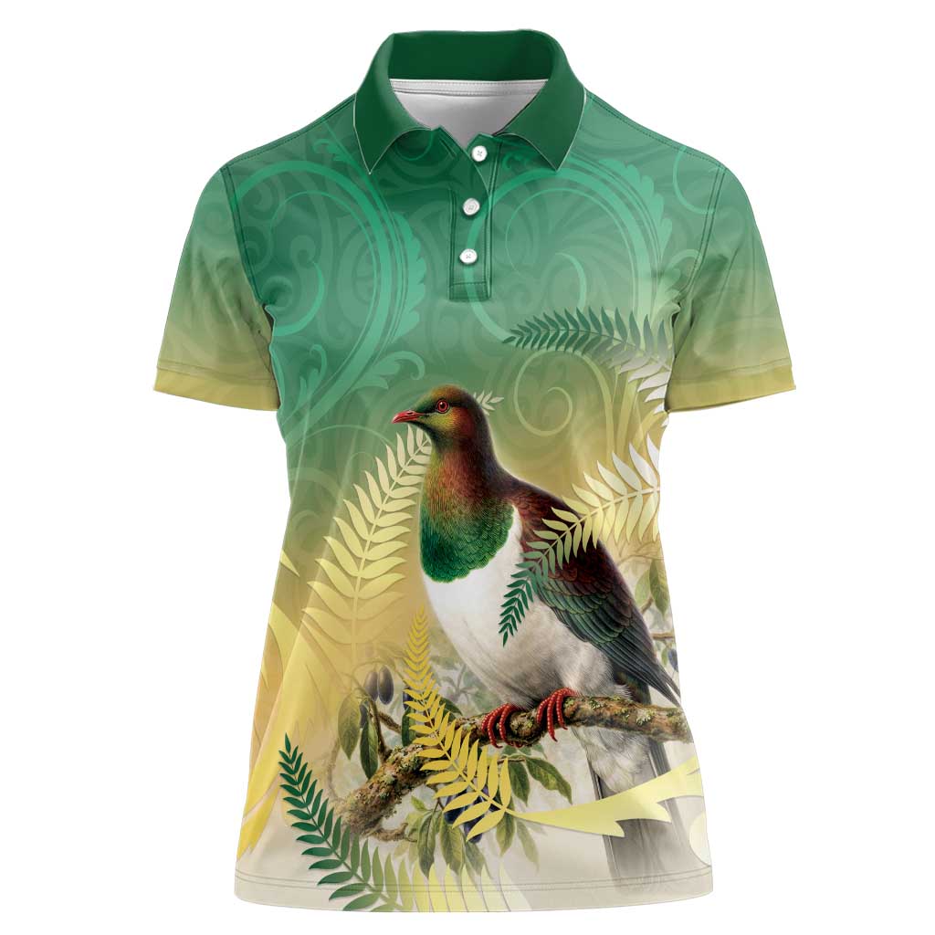 New Zealand Pigeon Kereru Women Polo Shirt Maori Fern Art Green Gradient - Polynesian Pride