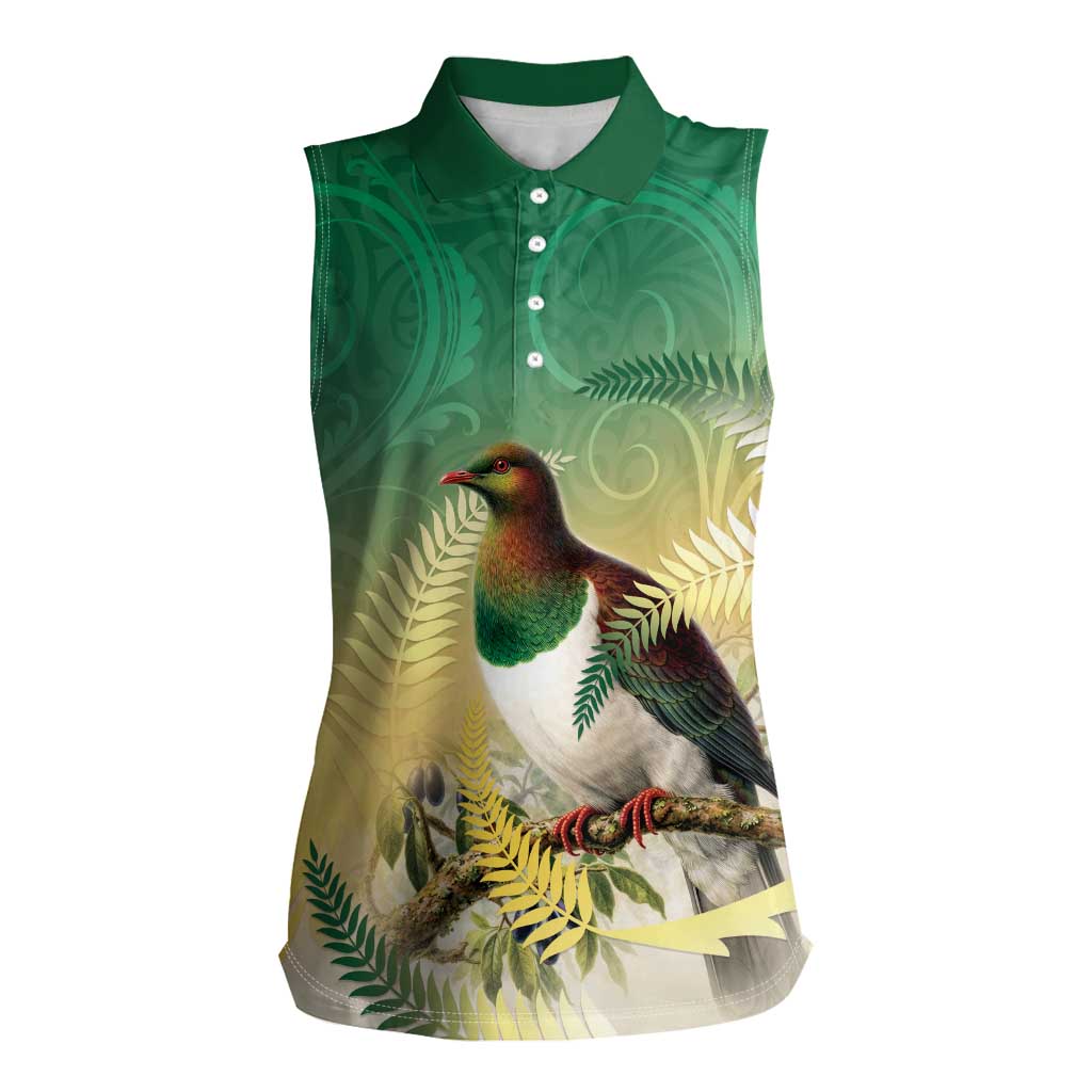 New Zealand Pigeon Kereru Women Sleeveless Polo Shirt Maori Fern Art Green Gradient - Polynesian Pride