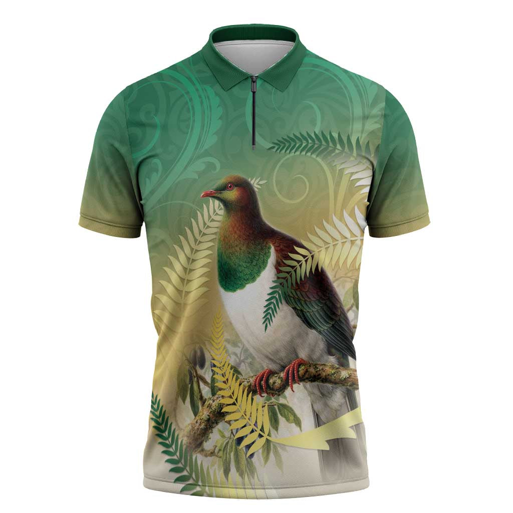 New Zealand Pigeon Kereru Zipper Polo Shirt Maori Fern Art Green Gradient - Polynesian Pride