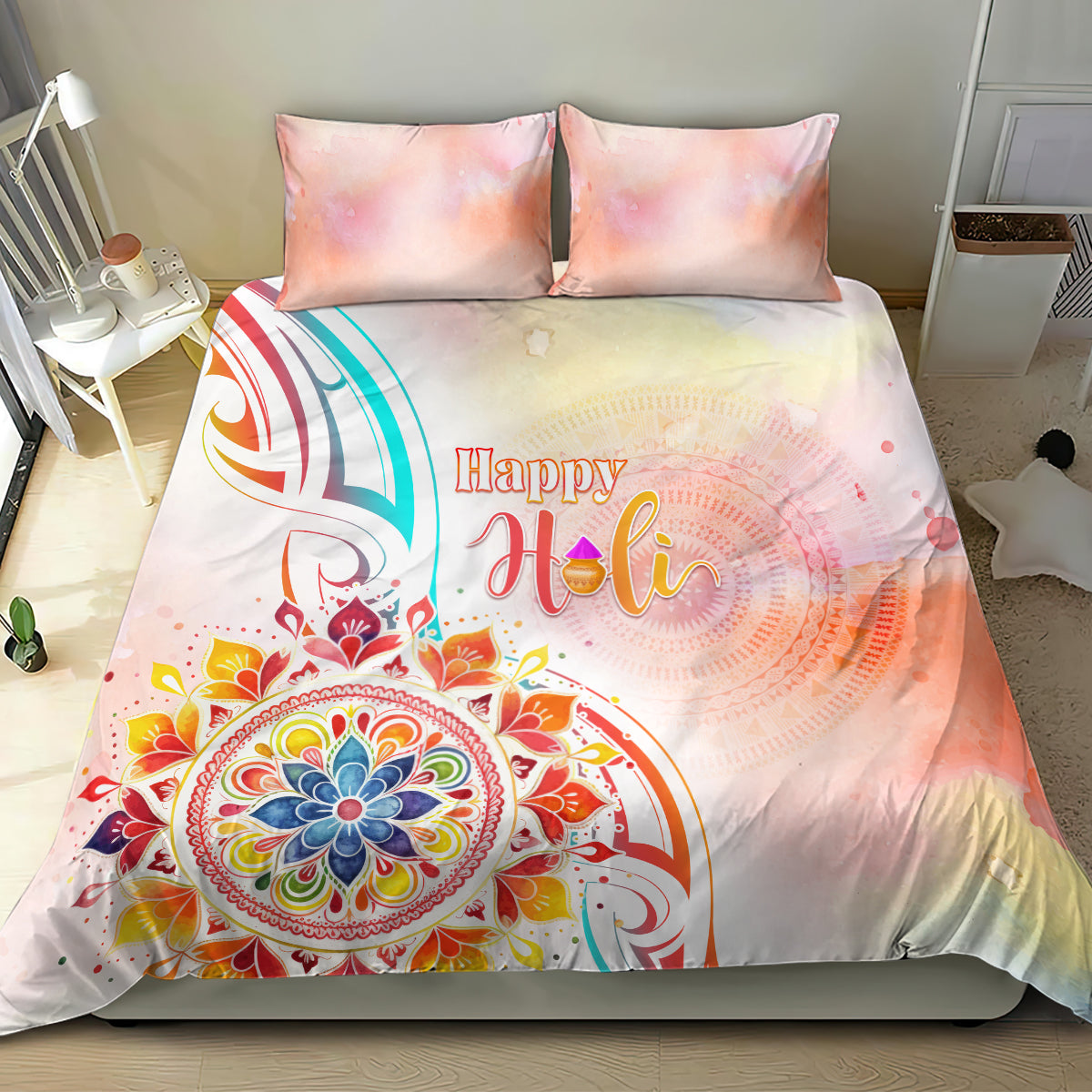 Happy Holi Festival Bedding Set Rangoli With Polynesian Pattern LT05 - Polynesian Pride