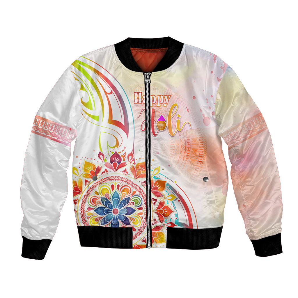 Happy Holi Festival Bomber Jacket Rangoli With Polynesian Pattern LT05 Unisex White - Polynesian Pride