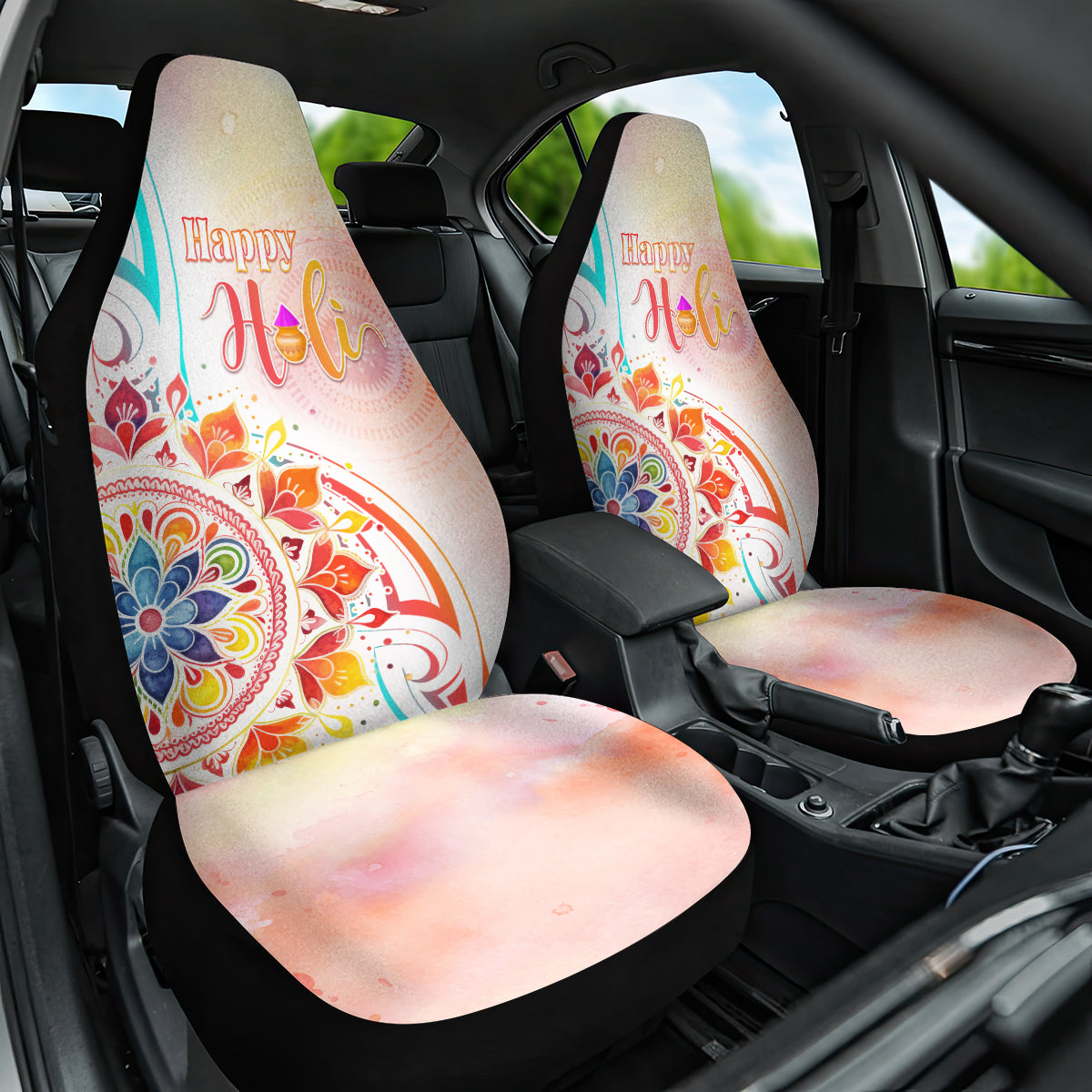 Happy Holi Festival Car Seat Cover Rangoli With Polynesian Pattern LT05 One Size White - Polynesian Pride