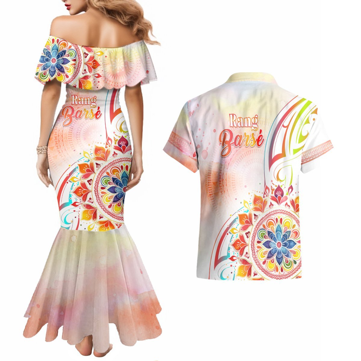 Happy Holi Festival Couples Matching Mermaid Dress and Hawaiian Shirt Rangoli With Polynesian Pattern LT05 - Polynesian Pride