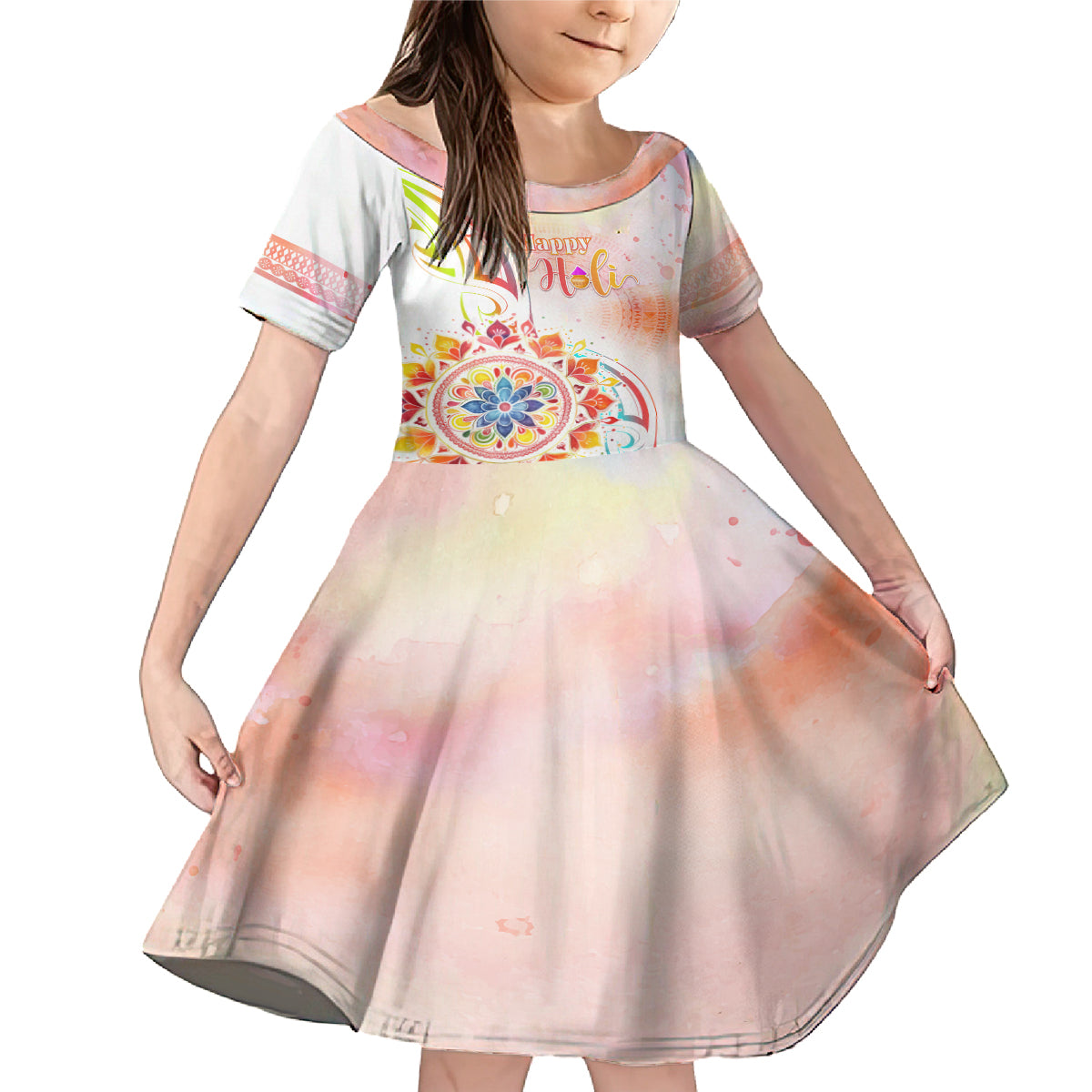 Happy Holi Festival Family Matching Mermaid Dress and Hawaiian Shirt Rangoli With Polynesian Pattern LT05 Daughter's Dress White - Polynesian Pride