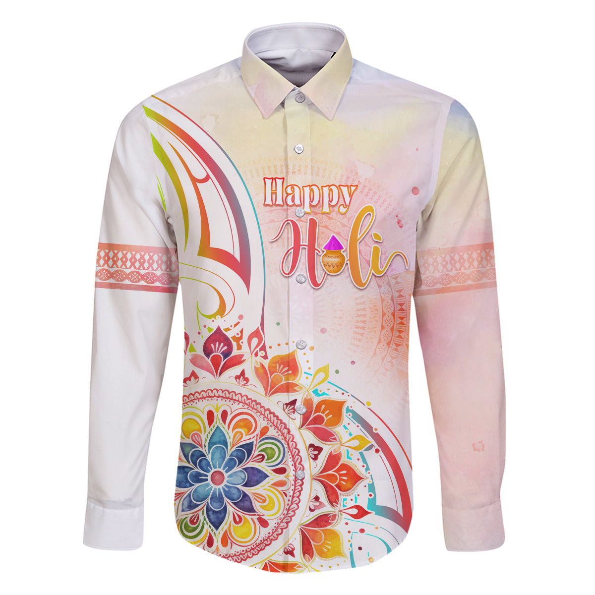 Happy Holi Festival Family Matching Off Shoulder Maxi Dress and Hawaiian Shirt Rangoli With Polynesian Pattern LT05 Dad's Shirt - Long Sleeve White - Polynesian Pride
