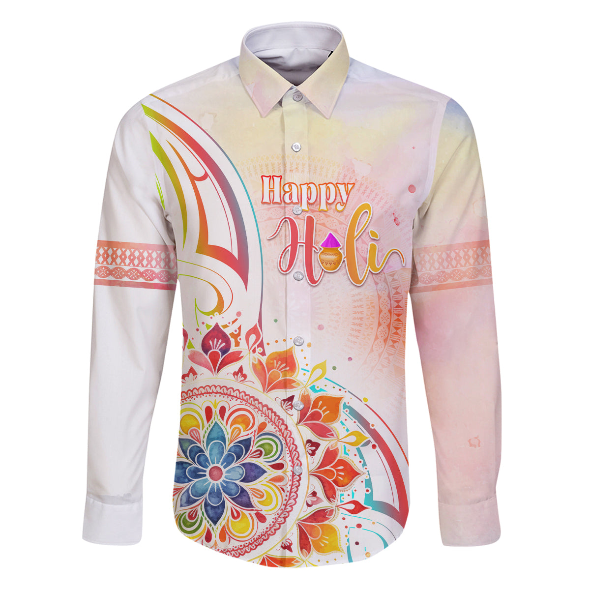 Happy Holi Festival Family Matching Puletasi and Hawaiian Shirt Rangoli With Polynesian Pattern LT05 Dad's Shirt - Long Sleeve White - Polynesian Pride