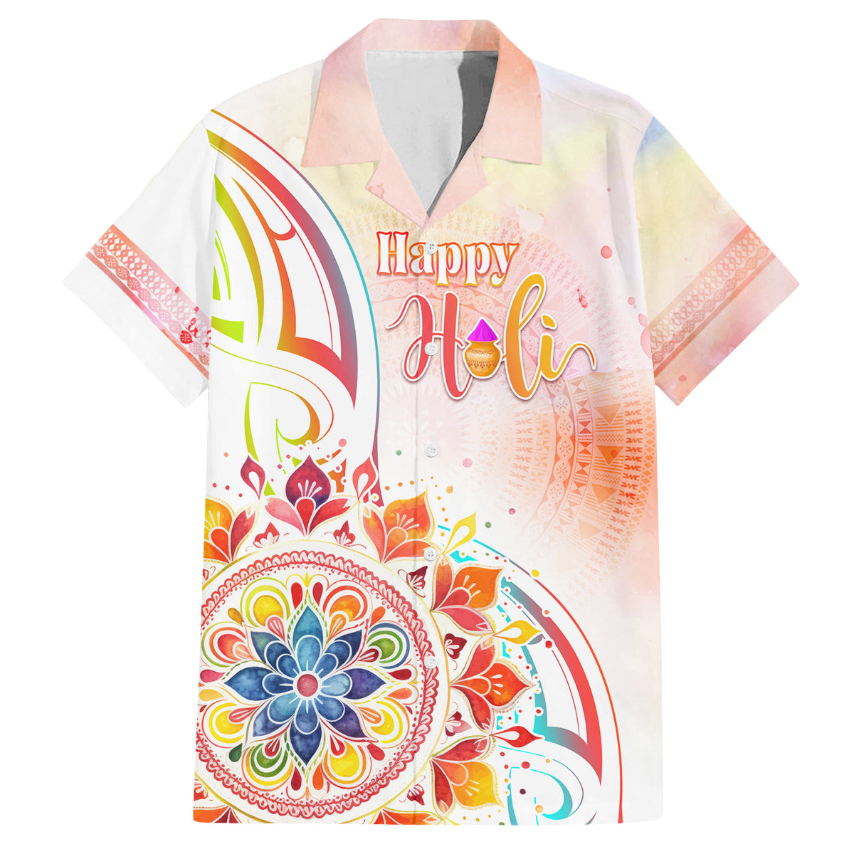Happy Holi Festival Family Matching Summer Maxi Dress and Hawaiian Shirt Rangoli With Polynesian Pattern LT05 Dad's Shirt - Short Sleeve White - Polynesian Pride