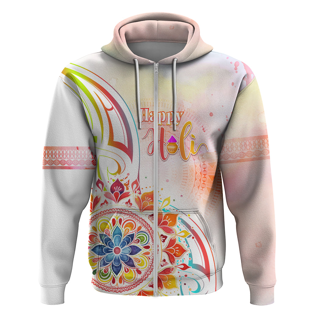 Happy Holi Festival Hoodie Rangoli With Polynesian Pattern LT05 Zip Hoodie White - Polynesian Pride