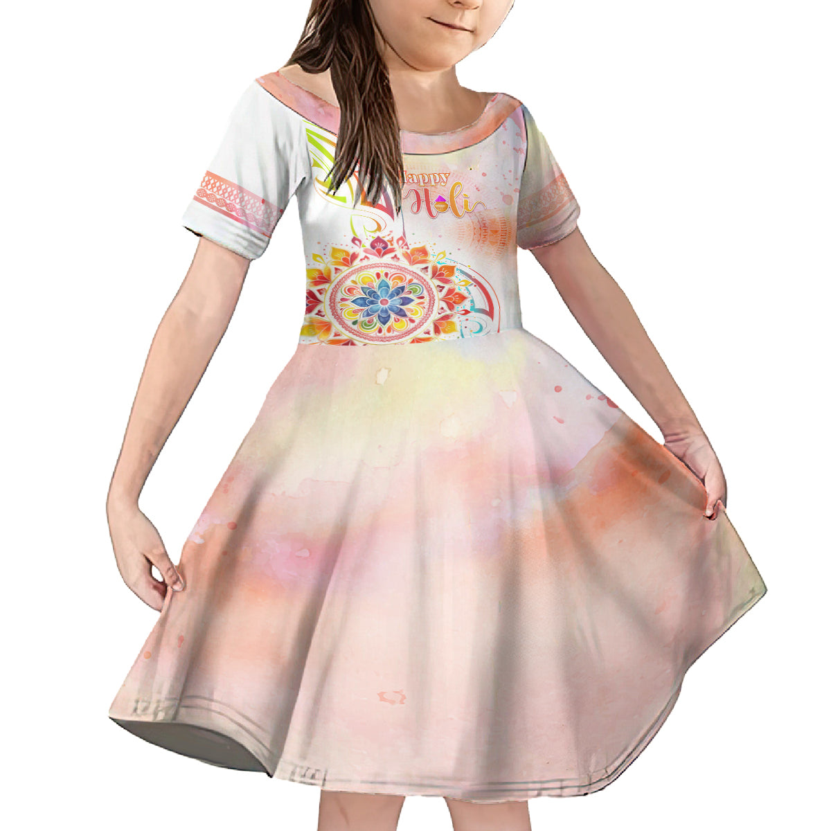Happy Holi Festival Kid Short Sleeve Dress Rangoli With Polynesian Pattern LT05 KID White - Polynesian Pride