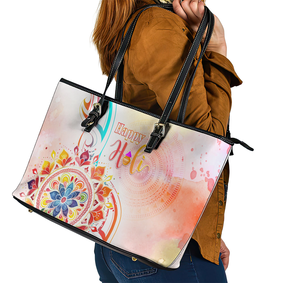 Happy Holi Festival Leather Tote Bag Rangoli With Polynesian Pattern LT05 - Polynesian Pride