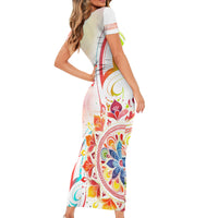 Happy Holi Festival Short Sleeve Bodycon Dress Rangoli With Polynesian Pattern LT05 - Polynesian Pride