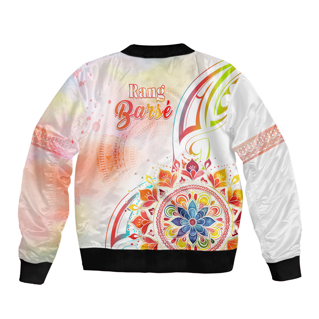 Happy Holi Festival Sleeve Zip Bomber Jacket Rangoli With Polynesian Pattern LT05 - Polynesian Pride