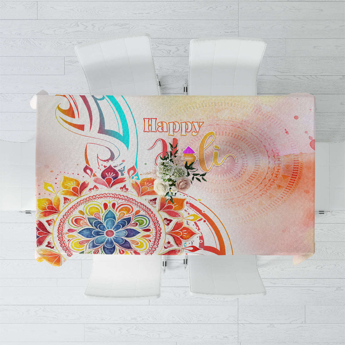 Happy Holi Festival Tablecloth Rangoli With Polynesian Pattern LT05 White - Polynesian Pride
