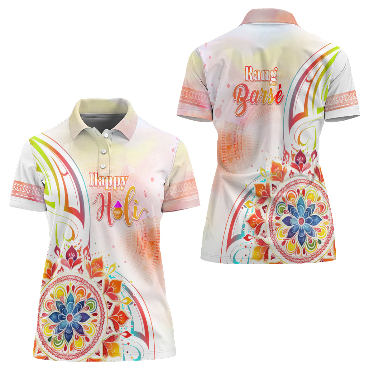 Happy Holi Festival Women Polo Shirt Rangoli With Polynesian Pattern LT05 - Polynesian Pride