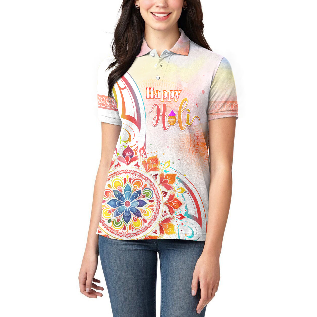 Happy Holi Festival Women Polo Shirt Rangoli With Polynesian Pattern LT05 - Polynesian Pride