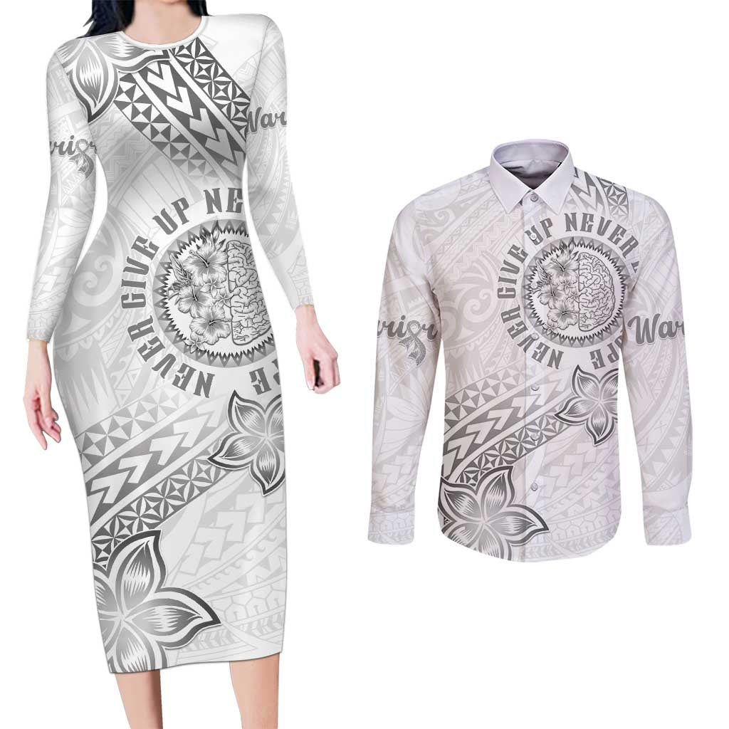 Brain Cancer Warrior Couples Matching Long Sleeve Bodycon Dress and Long Sleeve Button Shirt Never Give Up LT05 White - Polynesian Pride