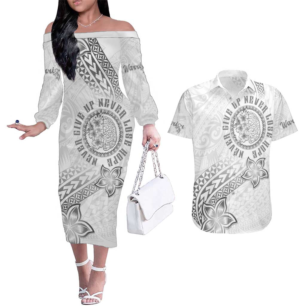 Brain Cancer Warrior Couples Matching Off The Shoulder Long Sleeve Dress and Hawaiian Shirt Never Give Up