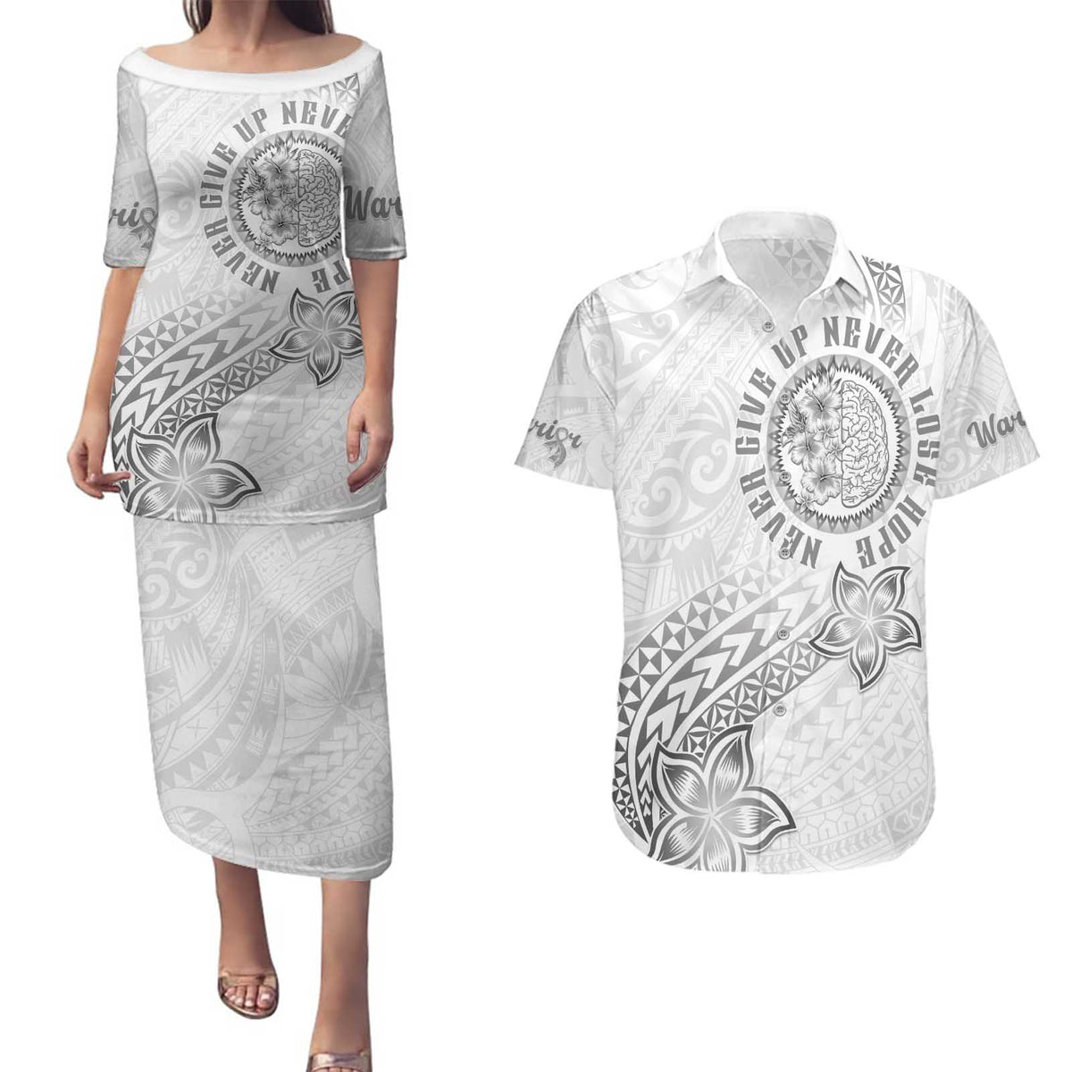 Brain Cancer Warrior Couples Matching Puletasi and Hawaiian Shirt Never Give Up