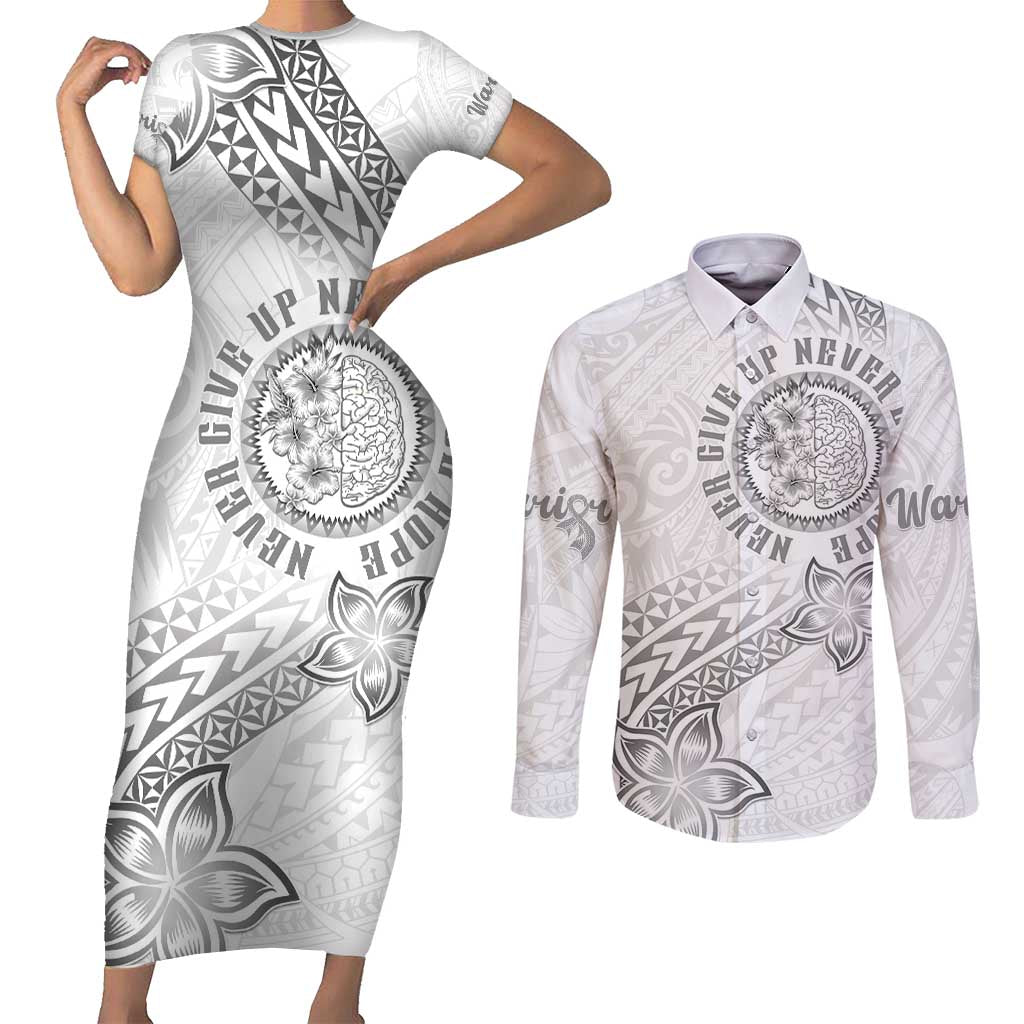 Brain Cancer Warrior Couples Matching Short Sleeve Bodycon Dress and Long Sleeve Button Shirt Never Give Up LT05 White - Polynesian Pride