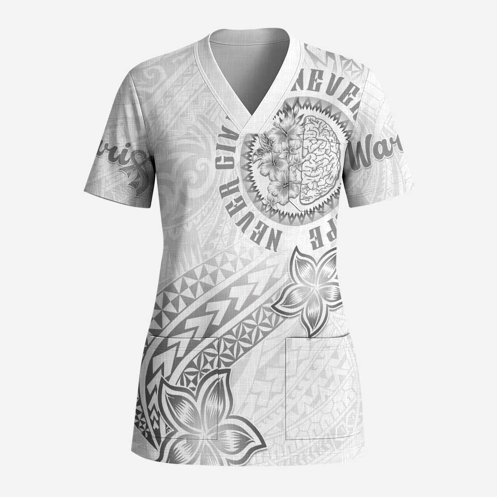 Brain Cancer Warrior Scrub Top Never Give Up LT05 Adult White - Polynesian Pride