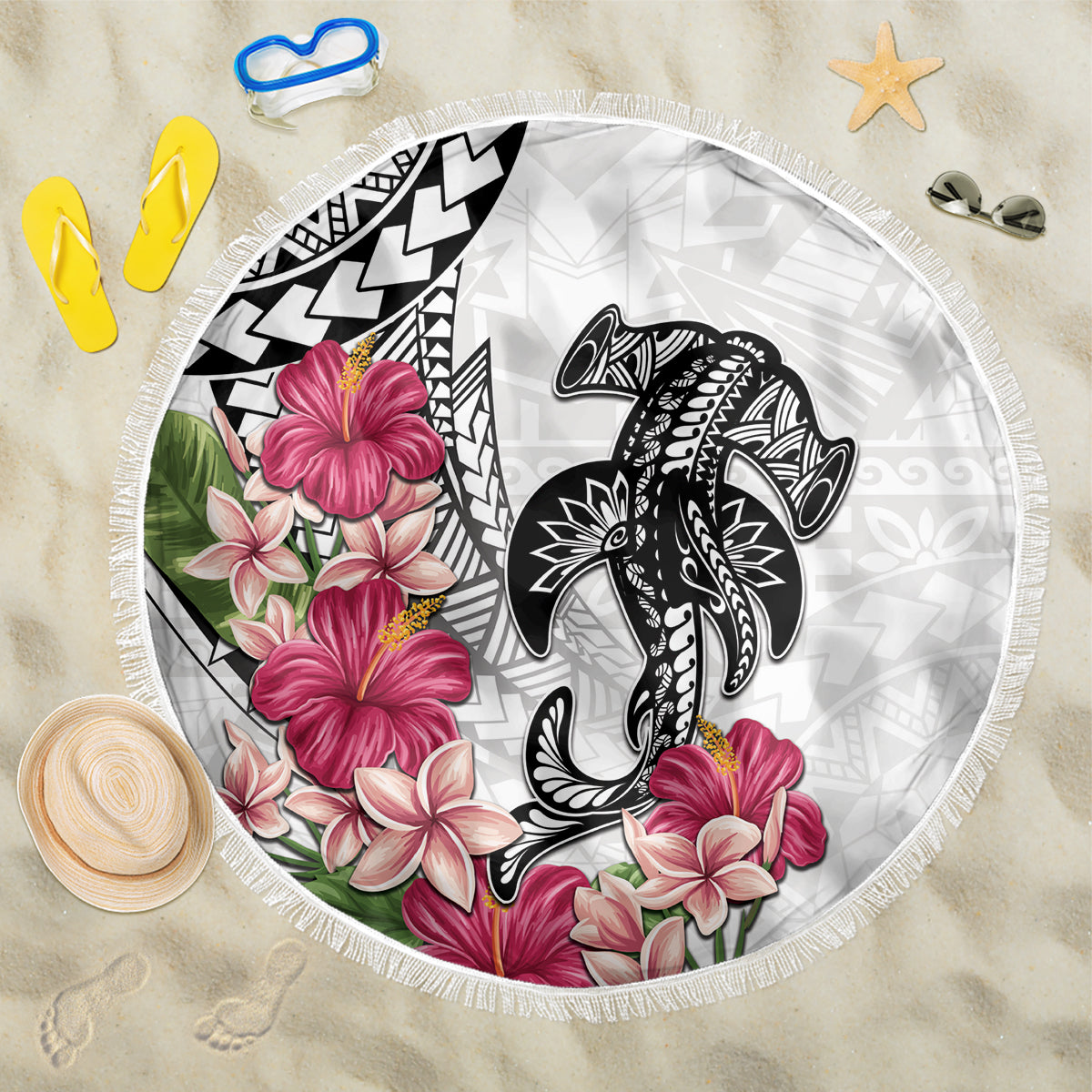 White Polynesian Hammerhead Shark Tribal Pattern Beach Blanket
