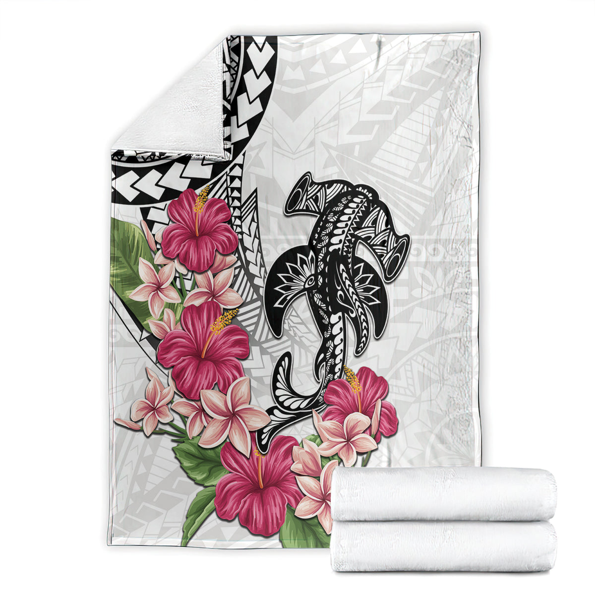 White Polynesian Hammerhead Shark Tribal Pattern Blanket