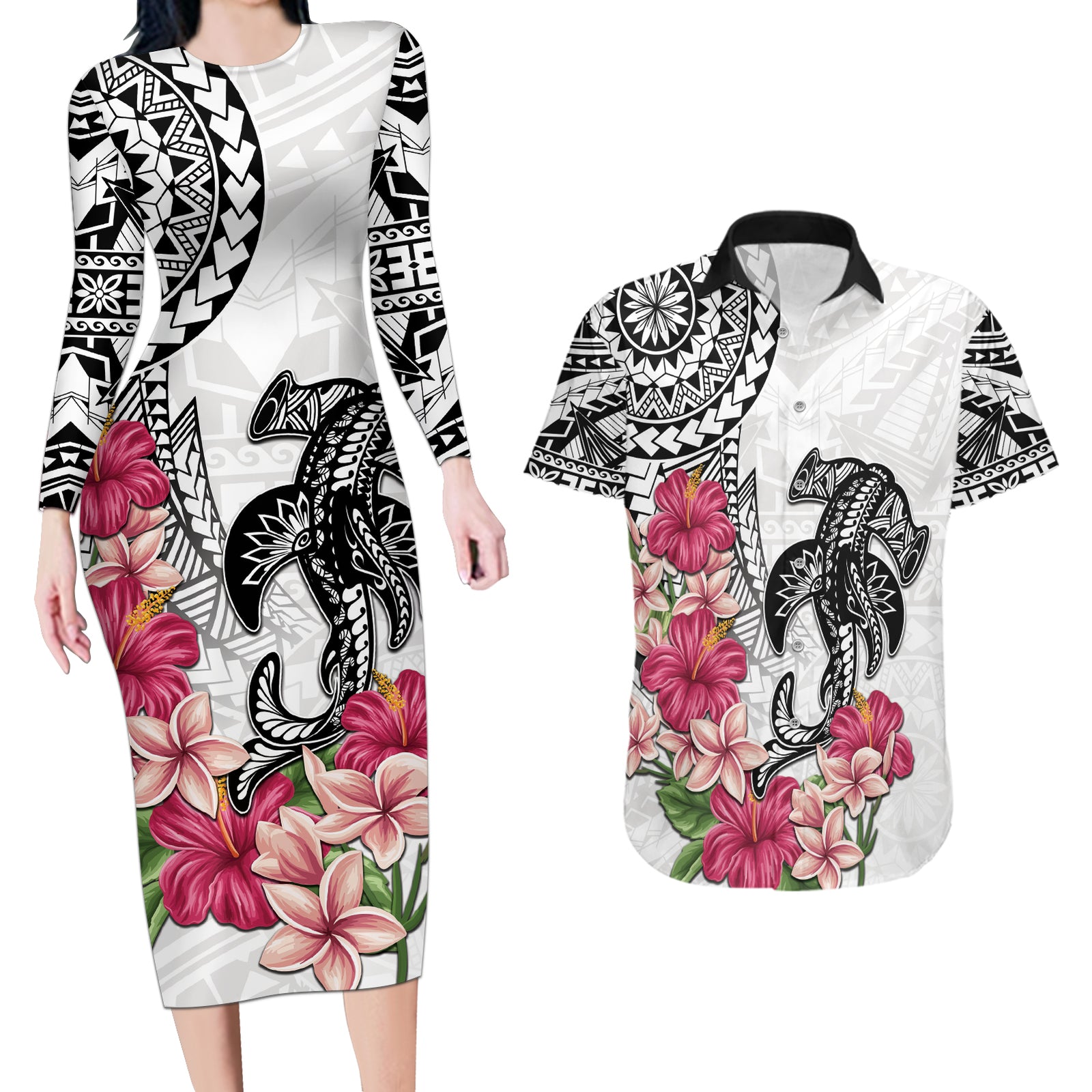 White Polynesian Hammerhead Shark Tribal Pattern Couples Matching Long Sleeve Bodycon Dress and Hawaiian Shirt LT05 White - Polynesian Pride