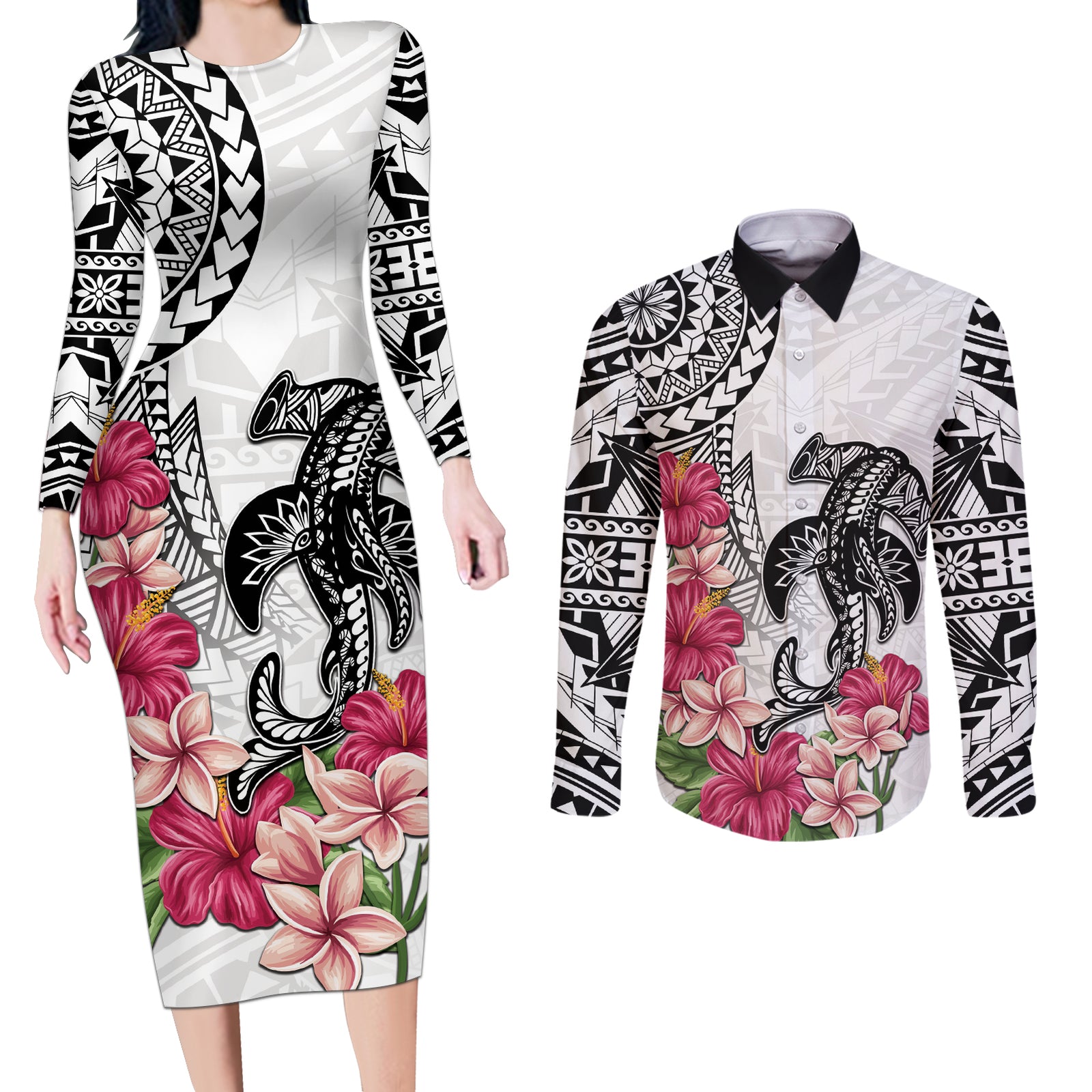 White Polynesian Hammerhead Shark Tribal Pattern Couples Matching Long Sleeve Bodycon Dress and Long Sleeve Button Shirt LT05 White - Polynesian Pride