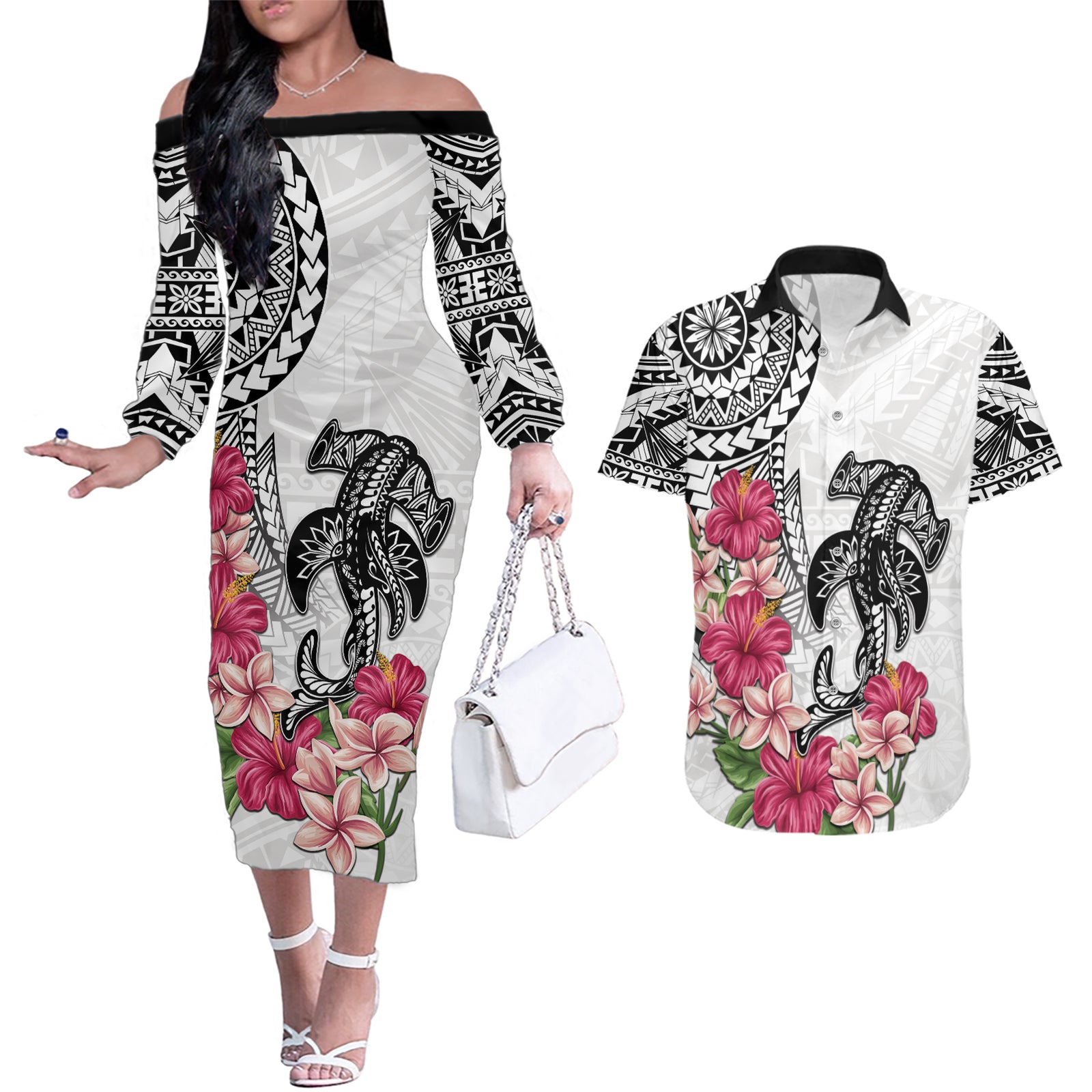 White Polynesian Hammerhead Shark Tribal Pattern Couples Matching Off The Shoulder Long Sleeve Dress and Hawaiian Shirt LT05 White - Polynesian Pride