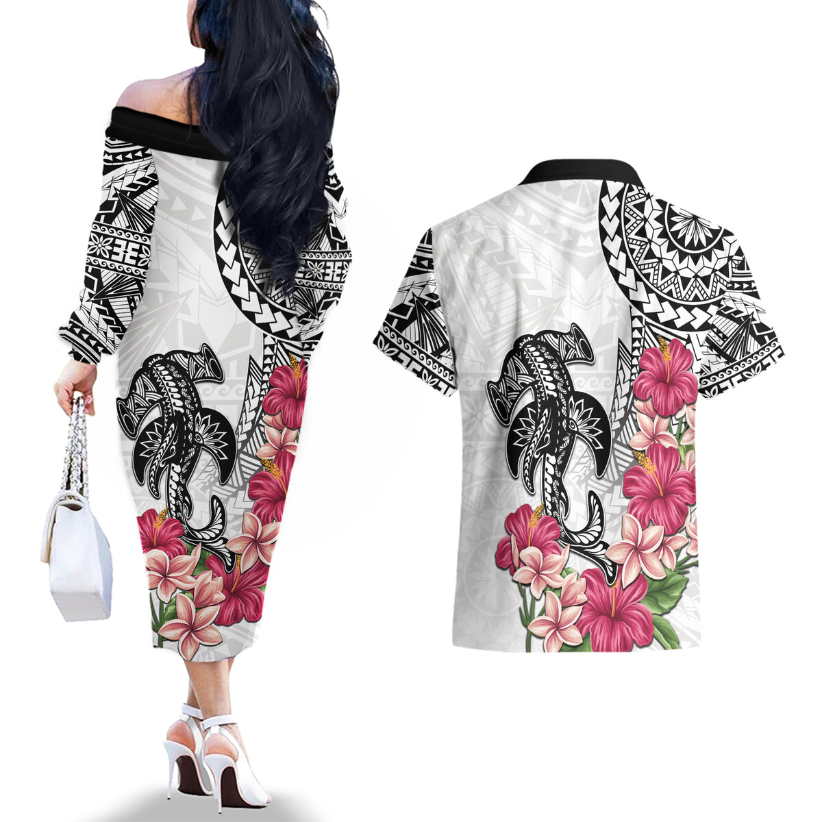 White Polynesian Hammerhead Shark Tribal Pattern Couples Matching Off The Shoulder Long Sleeve Dress and Hawaiian Shirt