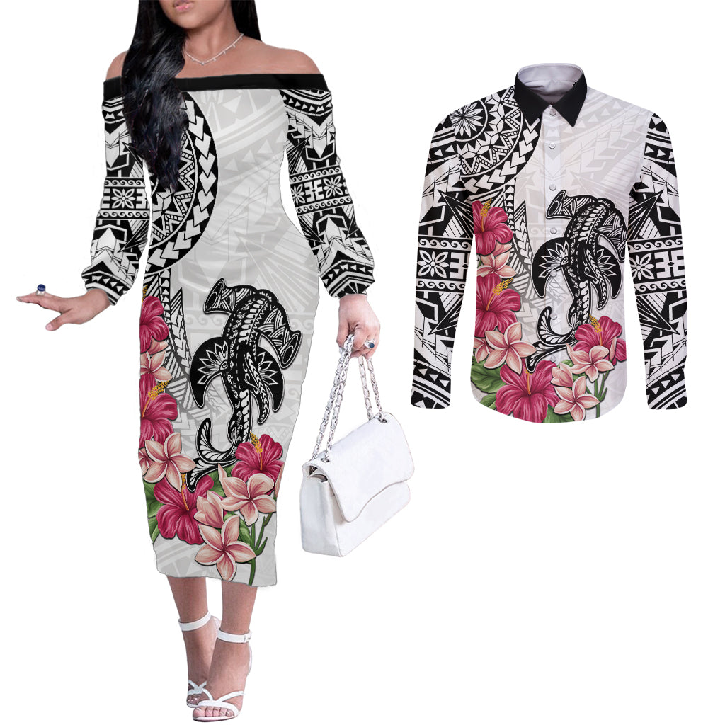 White Polynesian Hammerhead Shark Tribal Pattern Couples Matching Off The Shoulder Long Sleeve Dress and Long Sleeve Button Shirt LT05 White - Polynesian Pride