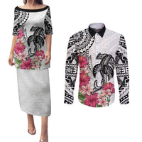 White Polynesian Hammerhead Shark Tribal Pattern Couples Matching Puletasi and Long Sleeve Button Shirt LT05 White - Polynesian Pride