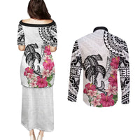 White Polynesian Hammerhead Shark Tribal Pattern Couples Matching Puletasi and Long Sleeve Button Shirt LT05 - Polynesian Pride
