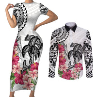 White Polynesian Hammerhead Shark Tribal Pattern Couples Matching Short Sleeve Bodycon Dress and Long Sleeve Button Shirt