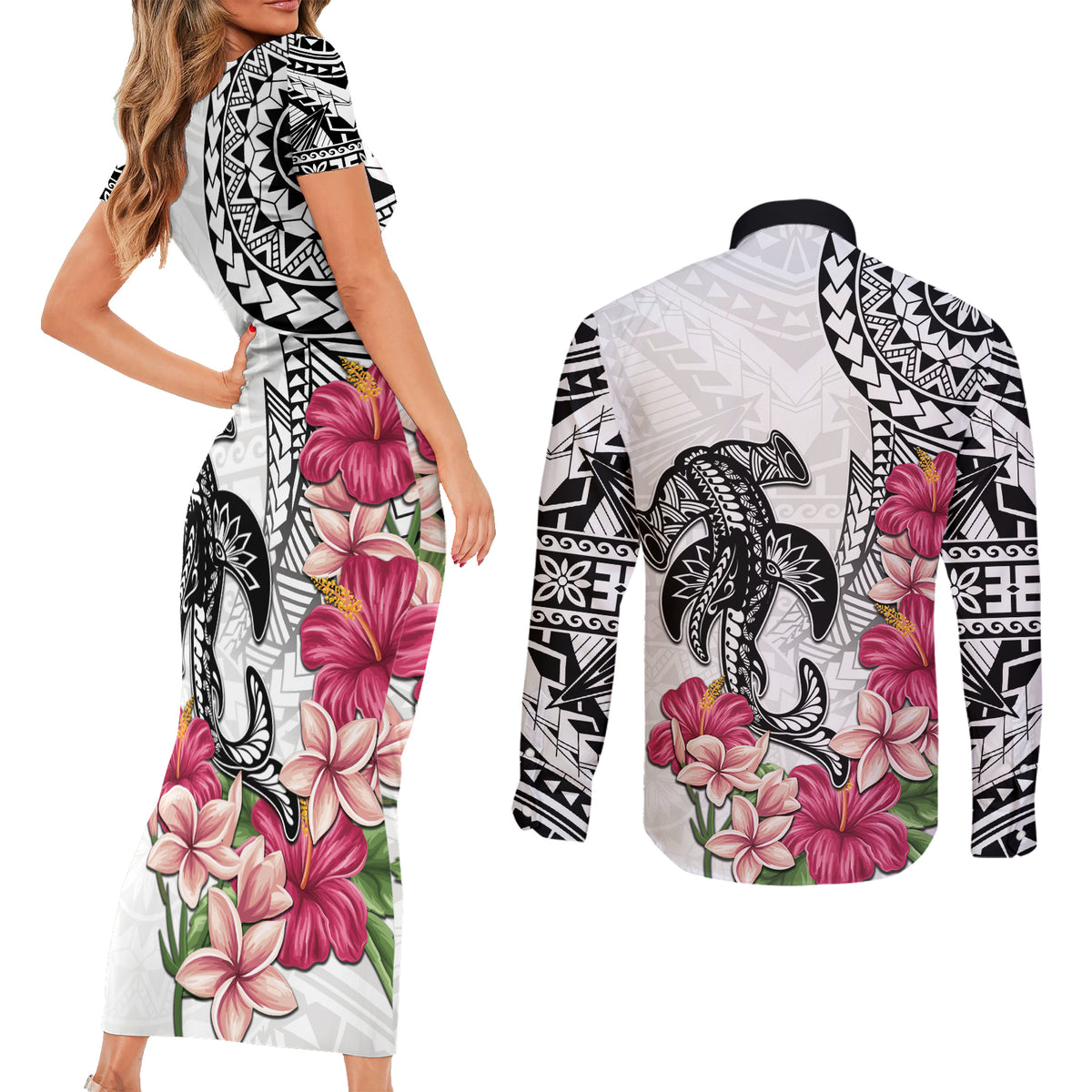 White Polynesian Hammerhead Shark Tribal Pattern Couples Matching Short Sleeve Bodycon Dress and Long Sleeve Button Shirt