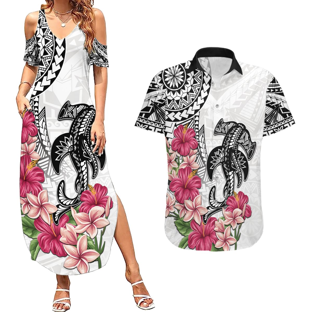 White Polynesian Hammerhead Shark Tribal Pattern Couples Matching Summer Maxi Dress and Hawaiian Shirt