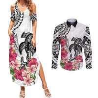 White Polynesian Hammerhead Shark Tribal Pattern Couples Matching Summer Maxi Dress and Long Sleeve Button Shirt