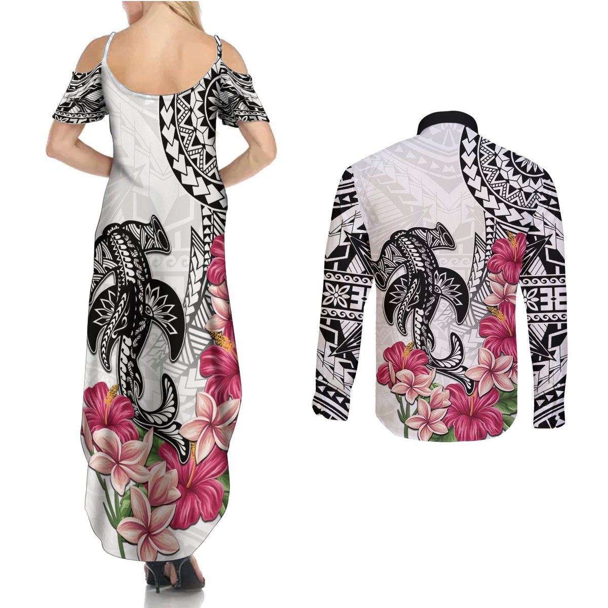 White Polynesian Hammerhead Shark Tribal Pattern Couples Matching Summer Maxi Dress and Long Sleeve Button Shirt