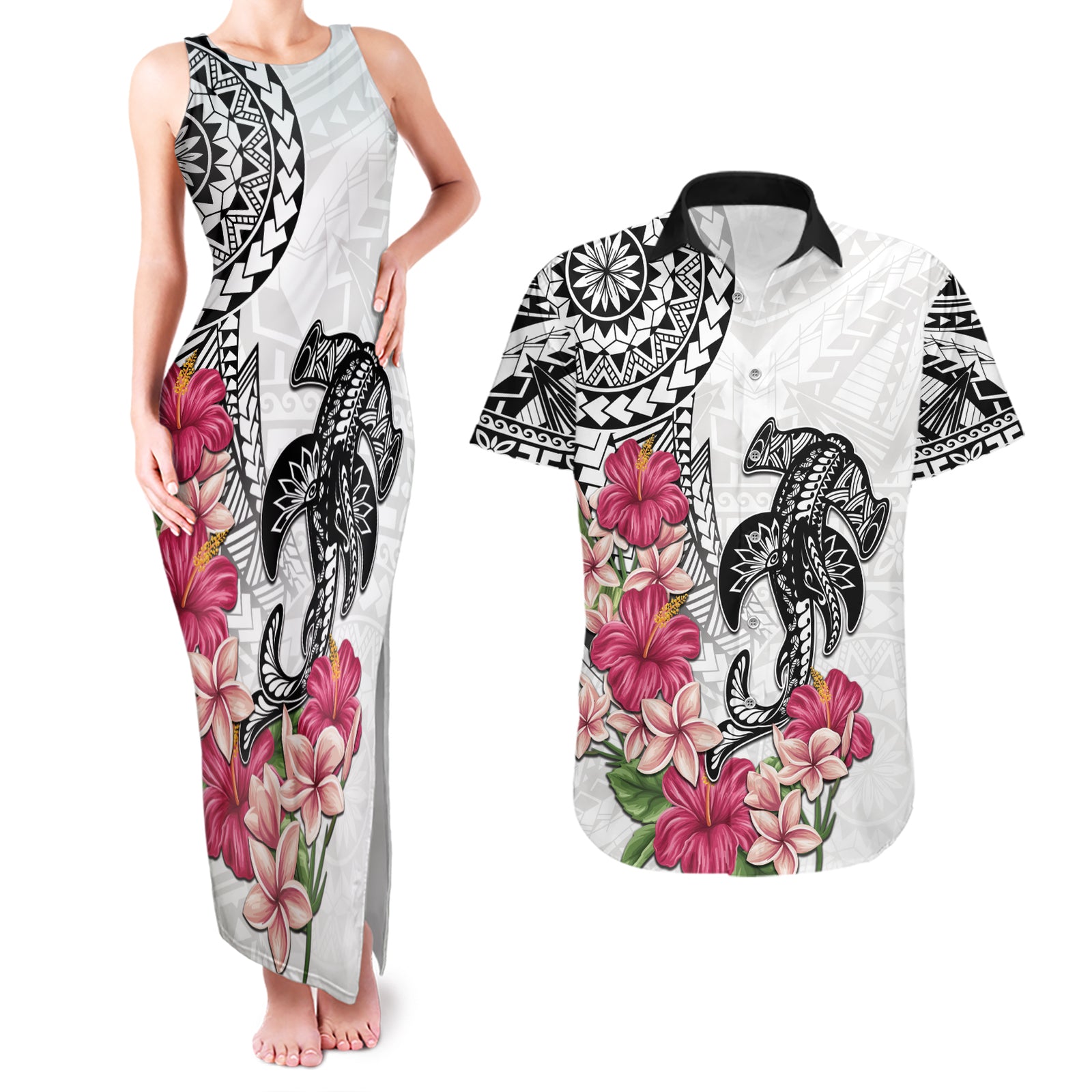 White Polynesian Hammerhead Shark Tribal Pattern Couples Matching Tank Maxi Dress and Hawaiian Shirt LT05 White - Polynesian Pride